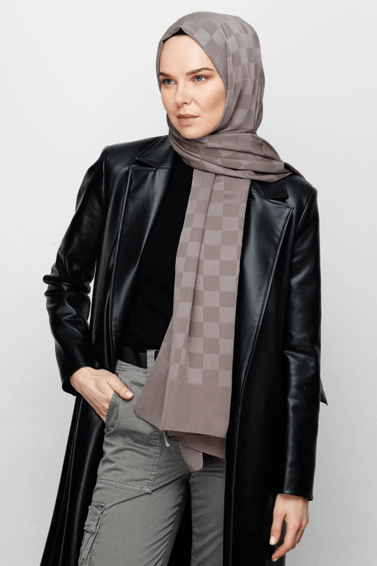 Gri Dama Desen İpeksi Jakar Şal