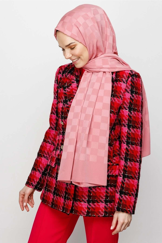 Pembe Dama Desen İpeksi Jakar Şal