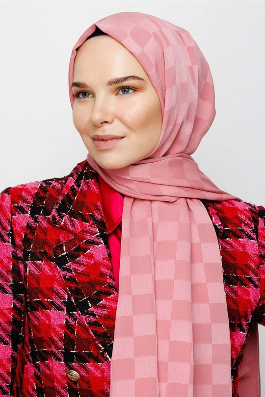 Pembe Dama Desen İpeksi Jakar Şal