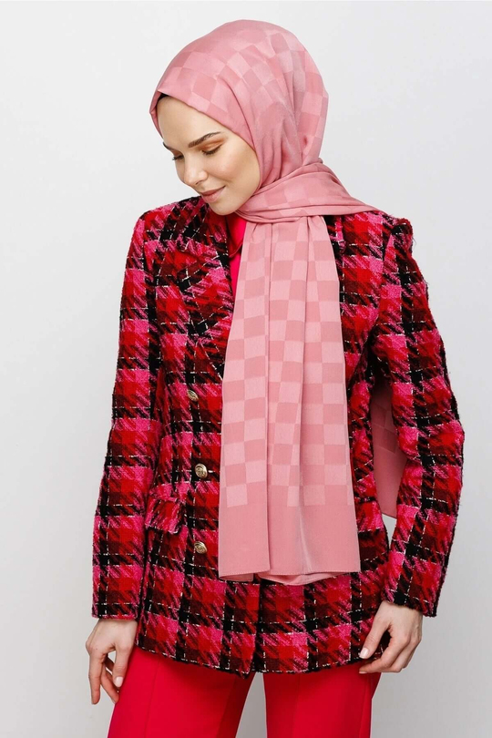 Pembe Dama Desen İpeksi Jakar Şal