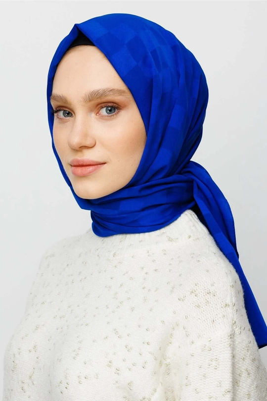 Saks Mavi Dama Desen İpeksi Jakar Şal