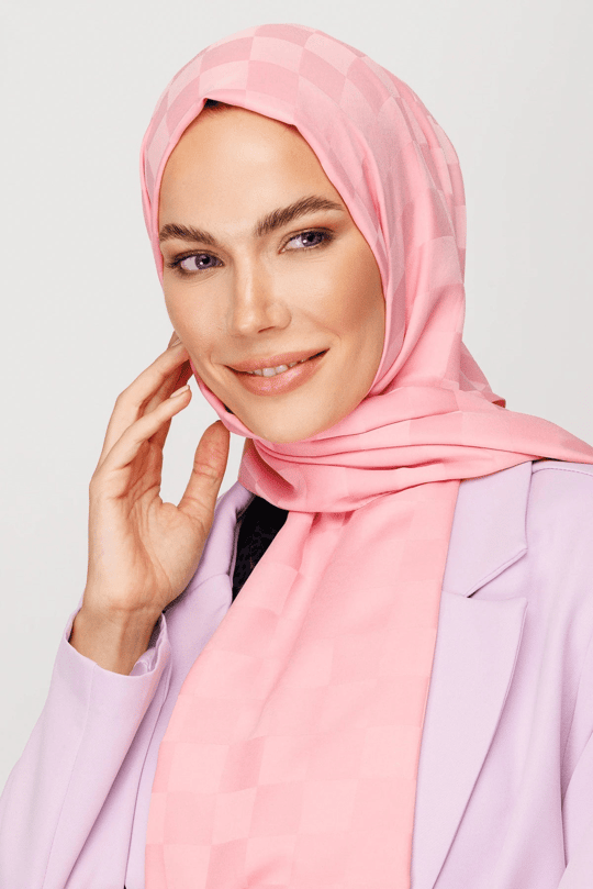 Şeker Pembe Dama Desen İpeksi Jakar Şal
