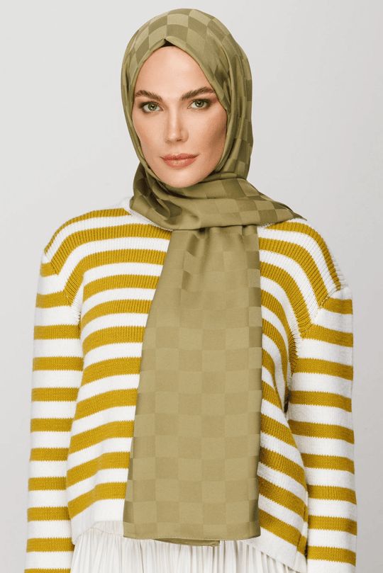 Soft Yeşil Dama Desen İpeksi Jakar Şal