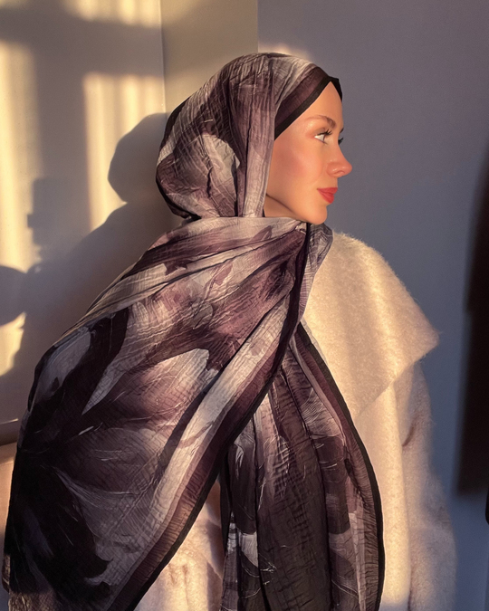 Füme Floral Desenli Müslin Şal