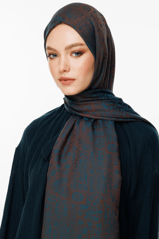 Acı Kahve-Petrol Mavisi Henna Desen Çift Taraflı Şal