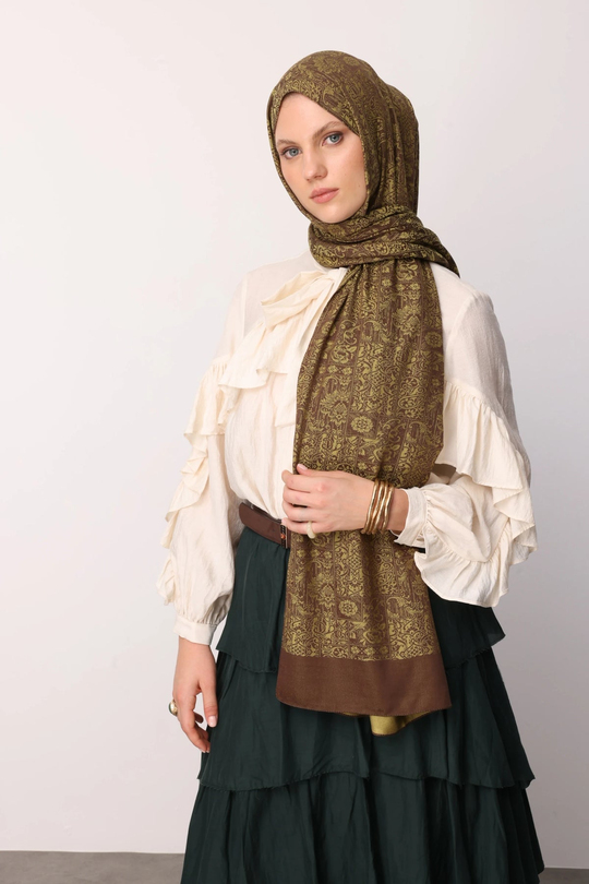 Acı Kahve-Somon Henna Desen Çift Taraflı Şal