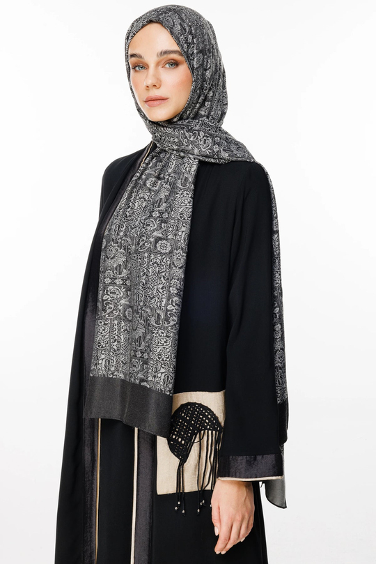 Siyah-Siyah Henna Desen Çift Taraflı Şal
