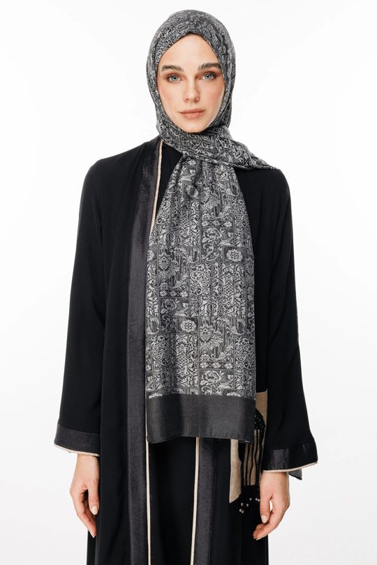 Siyah-Siyah Henna Desen Çift Taraflı Şal