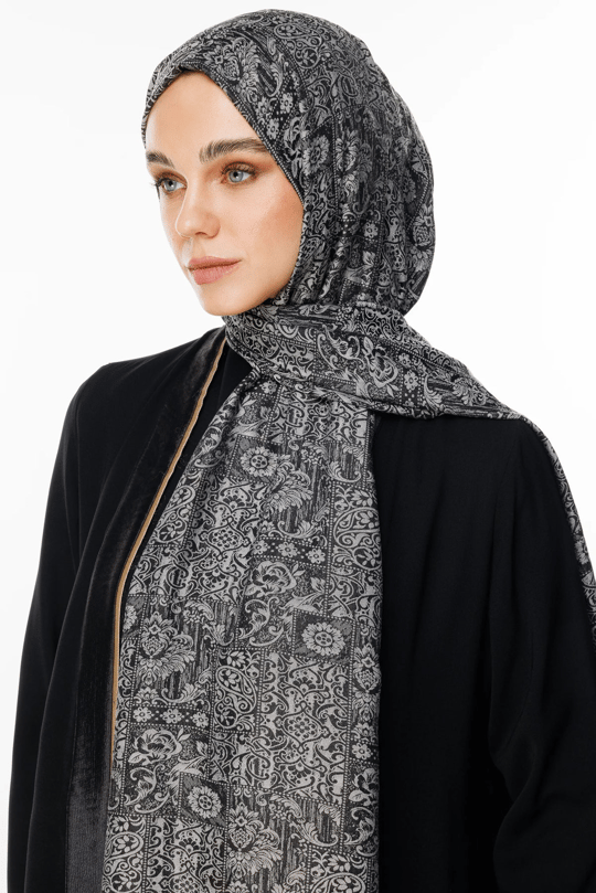 Siyah-Siyah Henna Desen Çift Taraflı Şal