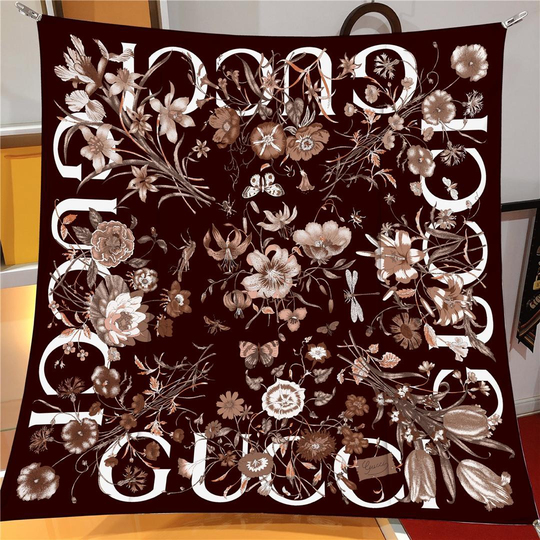 İthal Kahverengi G Flower Desen Twill İpek Eşarp