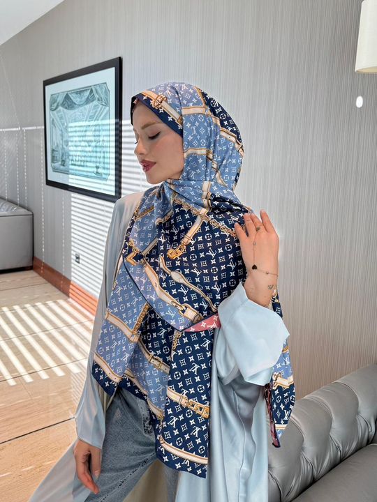 İthal Lacivert & Bordo LV Desen Twill İpek Şal