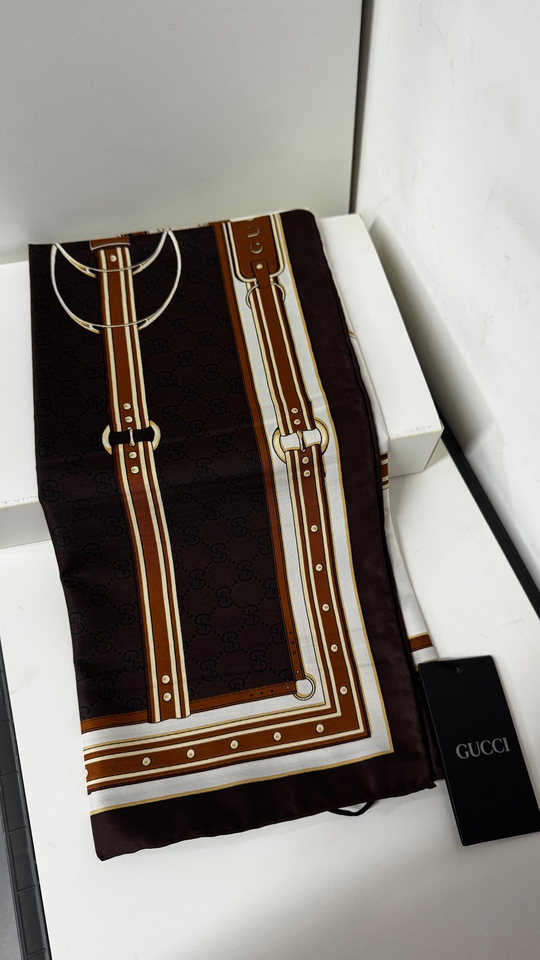 İthal Mocha & Acı Kahve G Belt Desen Twill İpek Eşarp