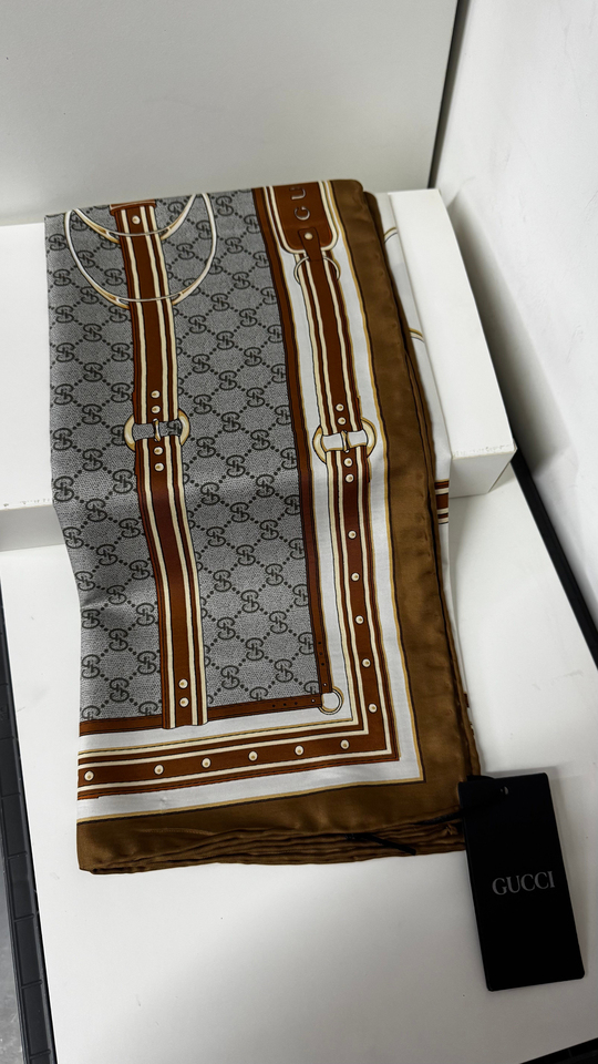 İthal Mocha & Gri G Belt Desen Twill İpek Eşarp