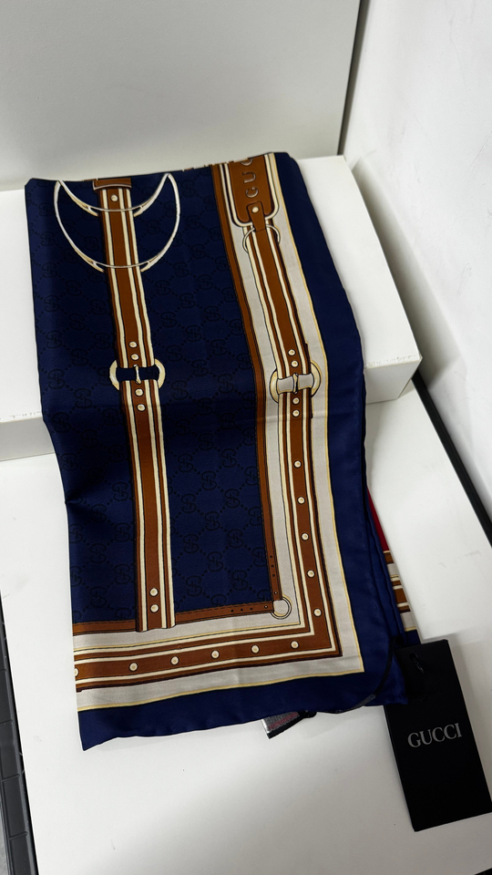 İthal Mocha & Lacivert G Belt Desen Twill İpek Eşarp
