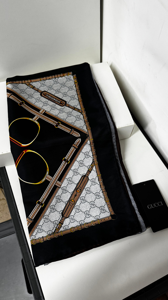 İthal Siyah & Koyu Vizon G Belt Desen Twill İpek Eşarp
