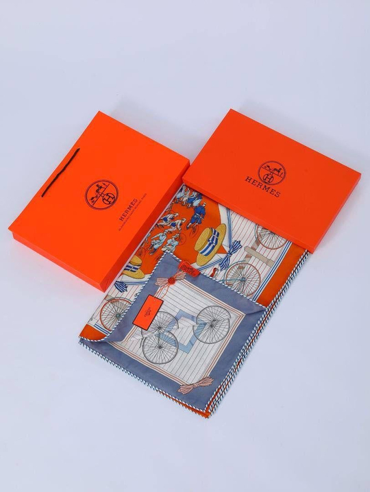 İthal Turuncu & Soft Mavi H Desen Twill İpek Şal 