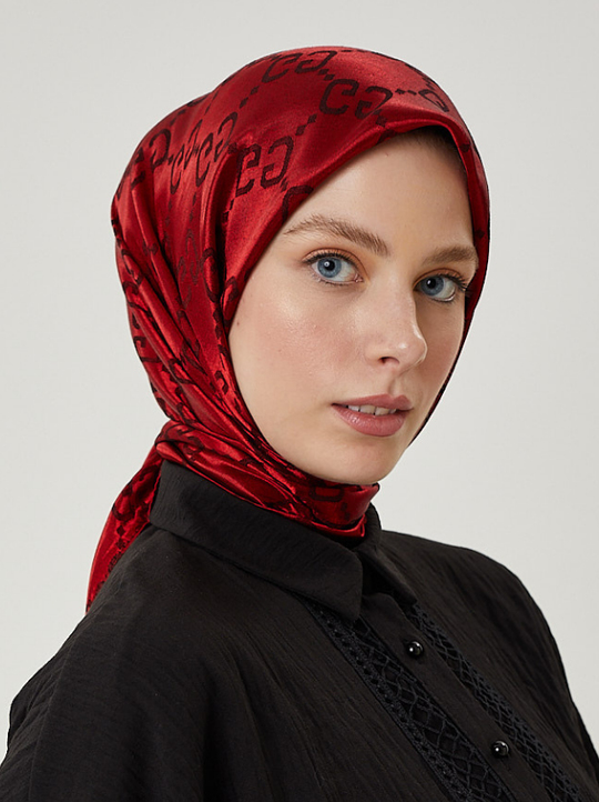 Kırmızı G Desen Parlak Jakar Eşarp
