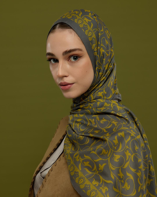 S-LALE-45 Kurşun Gri & Hasat Sarısı Lale Bahçesi Desen Şal
