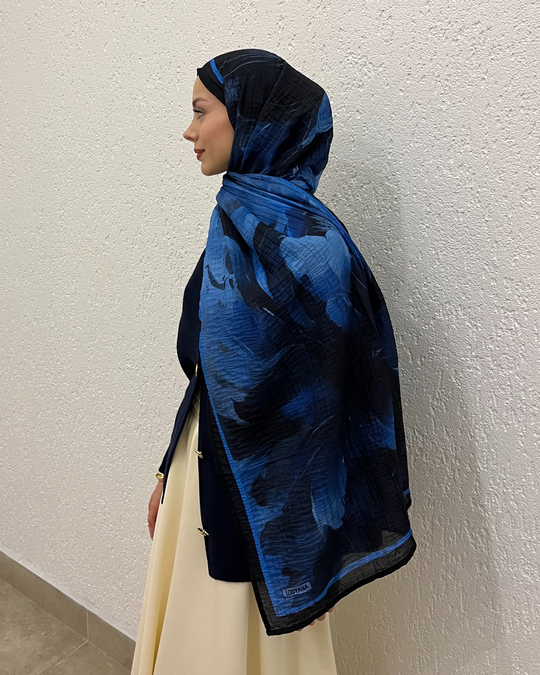 Lacivert Floral Desenli Müslin Şal