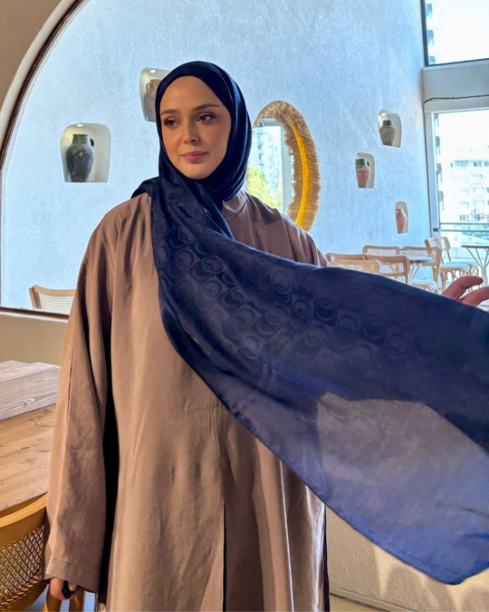 Lacivert Imannoor Küçük Dama Desen Pamuk Jakar Şal