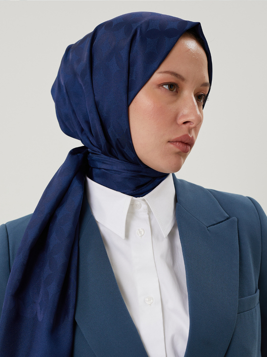 Lacivert Rise Desen Jakar Şal