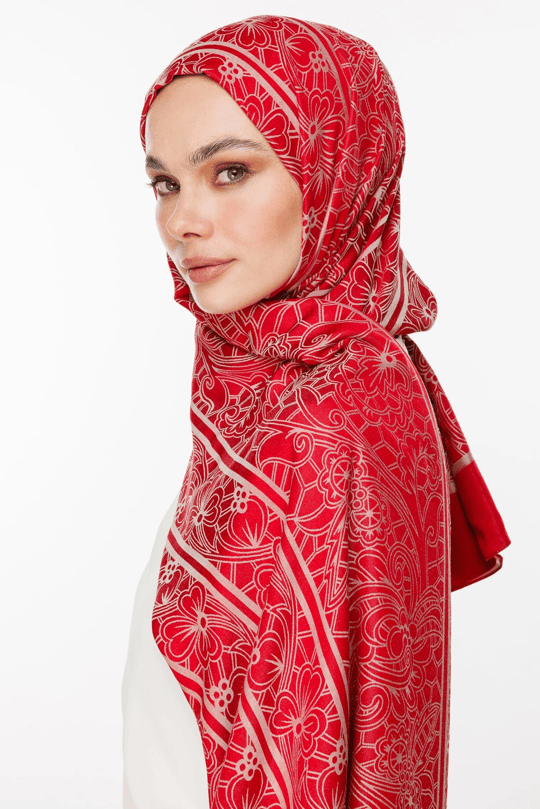 Bordo-Mint Yeşili Lavin Desen Çift Taraflı Şal