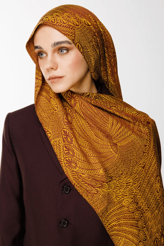 Mürdüm-Sarı Mayra Desen Çift Taraflı Şal