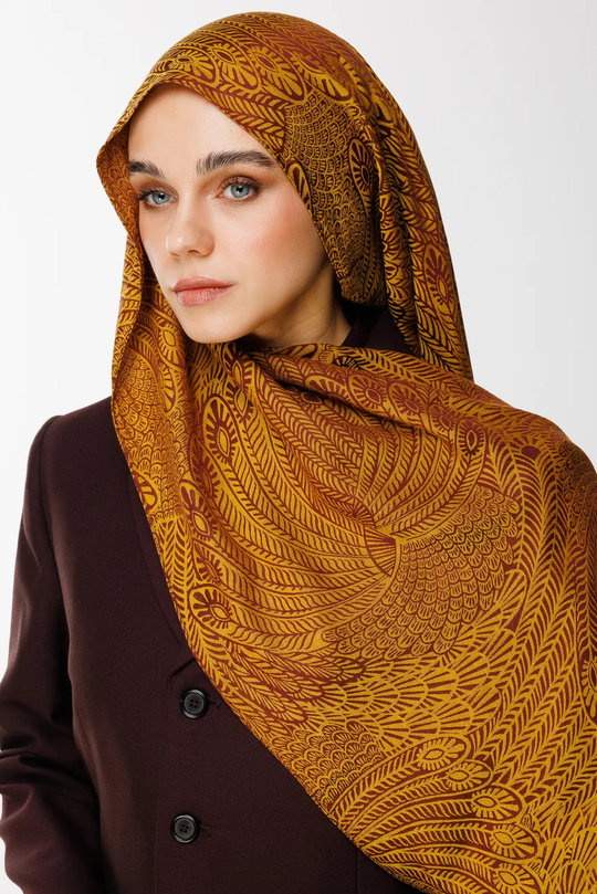 Mürdüm-Sarı Mayra Desen Çift Taraflı Şal