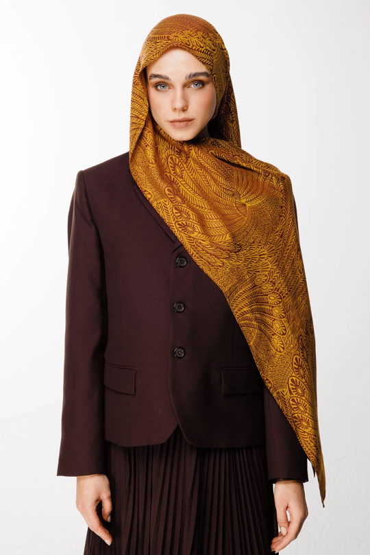 Mürdüm-Sarı Mayra Desen Çift Taraflı Şal