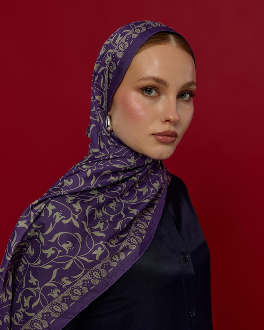 S-LALE-03 Menekşe & Krem Zencefil Lale Bahçesi Desen Şal
