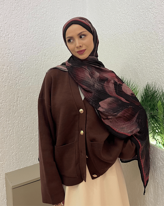 Mürdüm Floral Desenli Müslin Şal