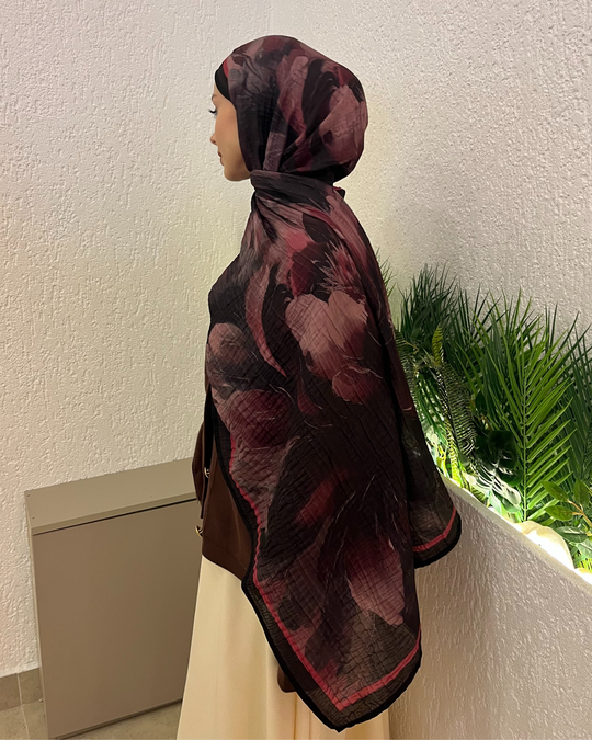 Mürdüm Floral Desenli Müslin Şal