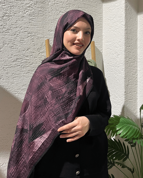 Mürdüm Saçak Desenli Müslin Şal