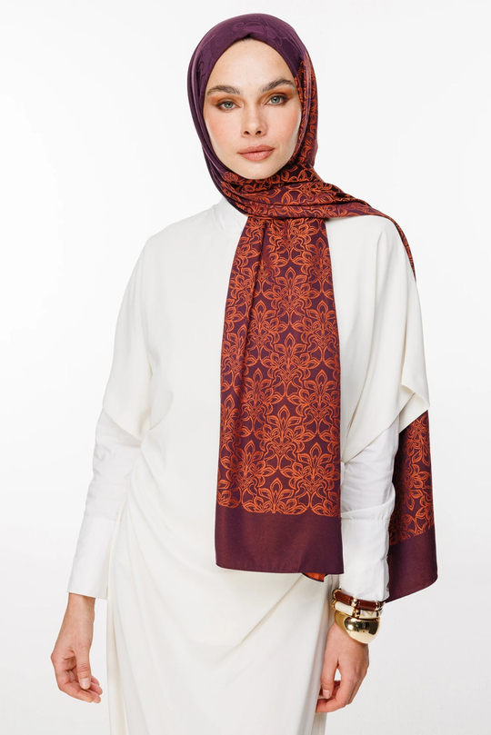 Mor-Turuncu Nora Desen Çift Taraflı Şal