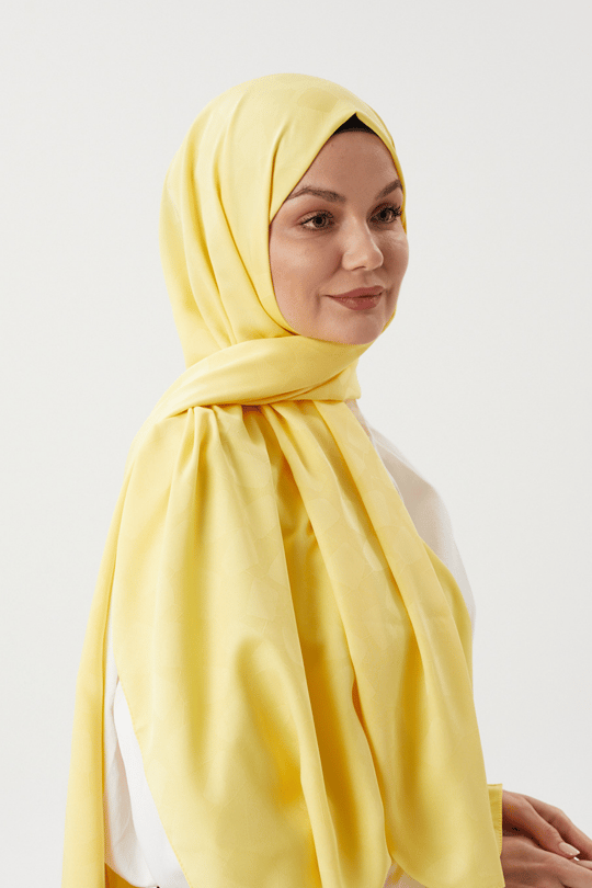 Pastel Sarı Taş Desen İpeksi Jakar Şal