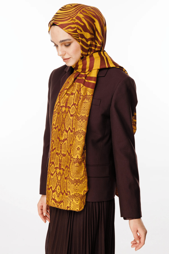 Mürdüm-Sarı Riad Desen Çift Taraflı Şal