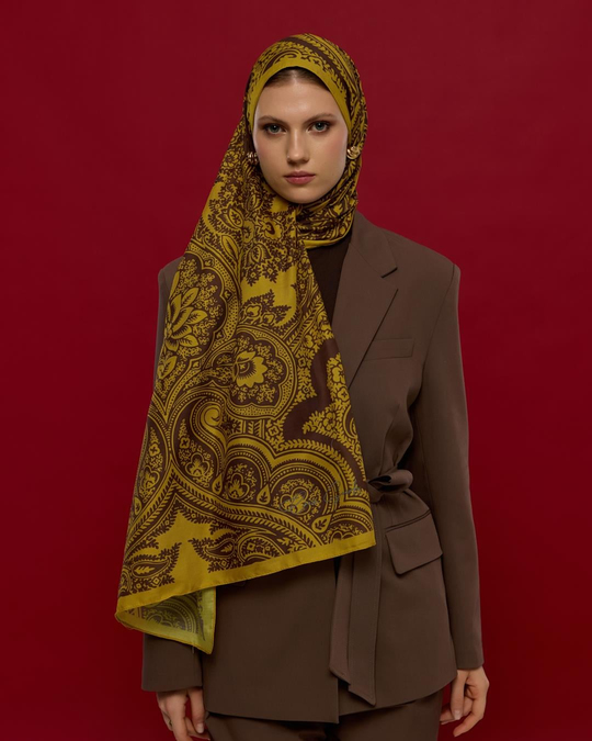 S-SULTANİ-44 Saf Sarı & Buhur Kahvesi Sultani Desen Şal
