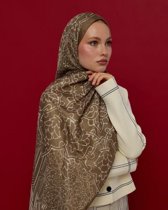 S-HAREM-15 Toprak & Krem Fısıltı Harem Rüyası Desen Şal