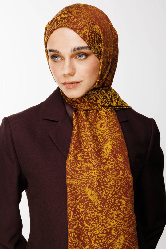 Mürdüm-Sarı Velora Desen Çift Taraflı Şal
