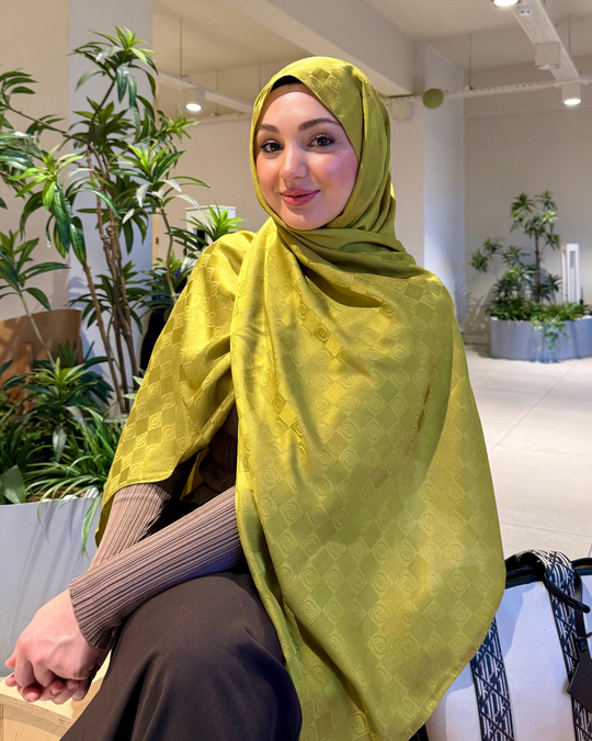 Yağ Yeşili Damier Desen Jakar Şal