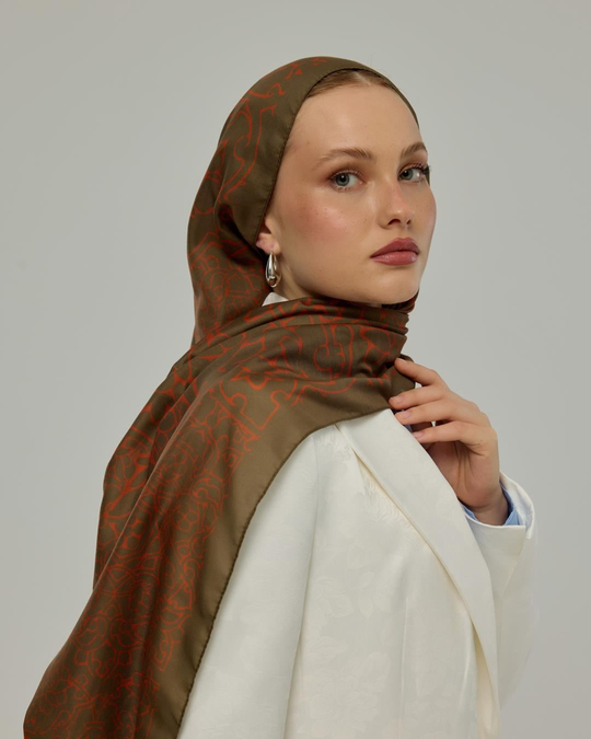 S-HAREM-17 Zeytin Kabuğu & Tarçın Işıltısı Harem Rüyası Desen Şal