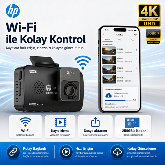 Hp P70 4K Lcd Ekran Wi-fi Ön-Arka Araç İçi Kamera