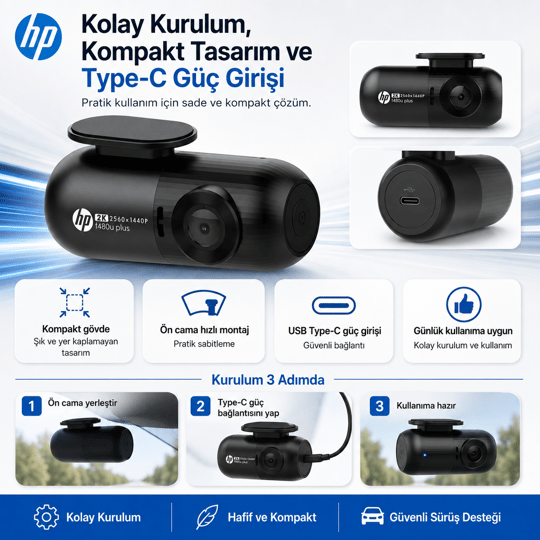 HP F480U Plus 2K WDR, HD, G Sensörlü, Wi-Fi Destekli Araçiçi Kamera