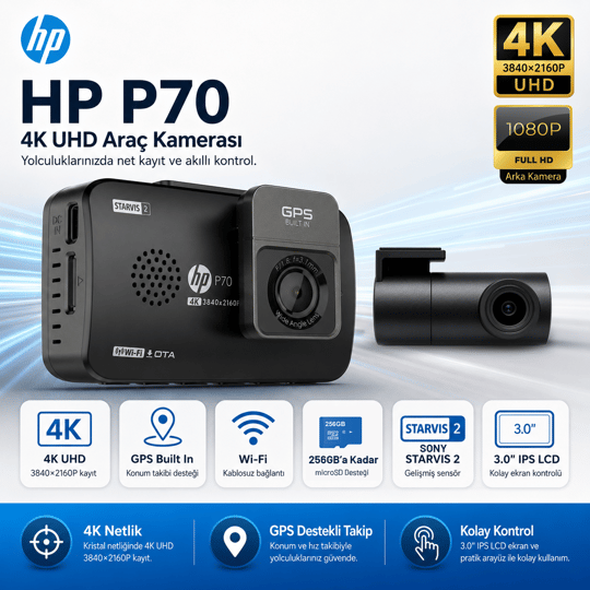 Hp P70 4K Lcd Ekran Wi-fi Ön-Arka Araç İçi Kamera