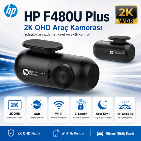 HP F480U Plus 2K WDR, HD, G Sensörlü, Wi-Fi Destekli Araçiçi Kamera
