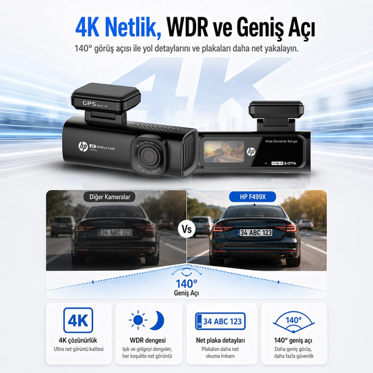 HP F499x 4K Araç İçi Lcd Ekran Wi-fi Kamera
