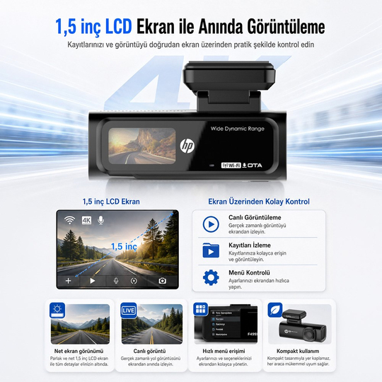 HP F499x 4K Araç İçi Lcd Ekran Wi-fi Kamera
