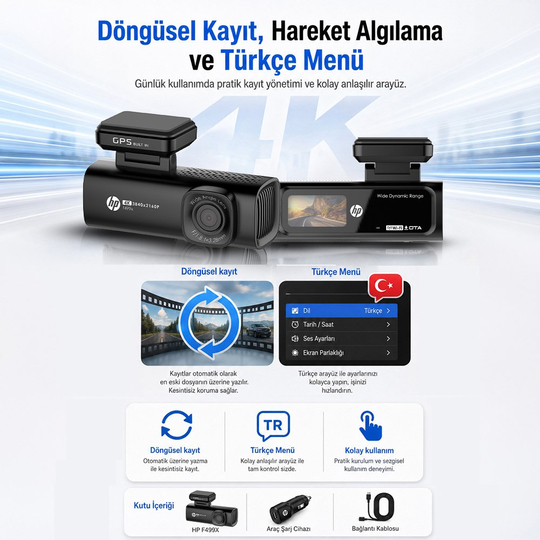 HP F499x 4K Araç İçi Lcd Ekran Wi-fi Kamera