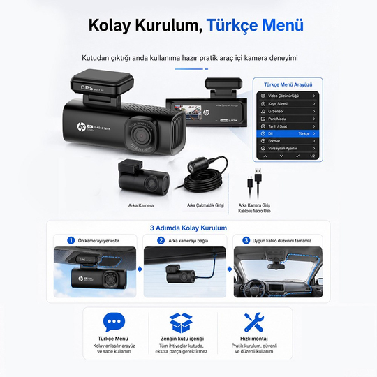 HP F499x 4K Araç İçi Ön & Arka Lcd Ekran Wi-fi Kamera