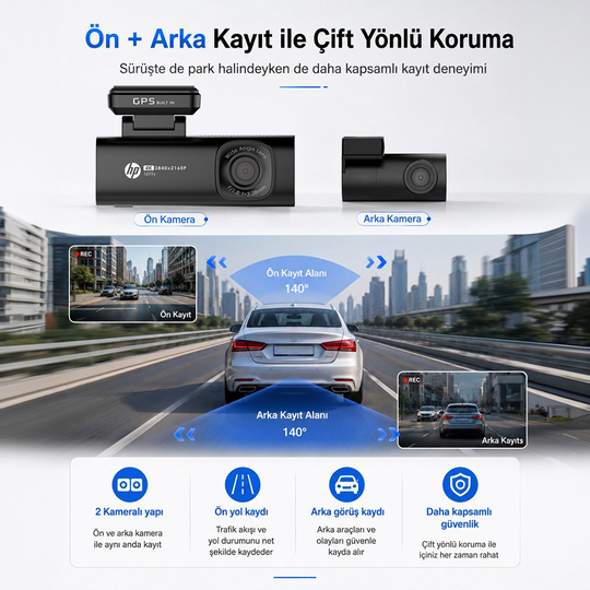 HP F499x 4K Araç İçi Ön & Arka Lcd Ekran Wi-fi Kamera